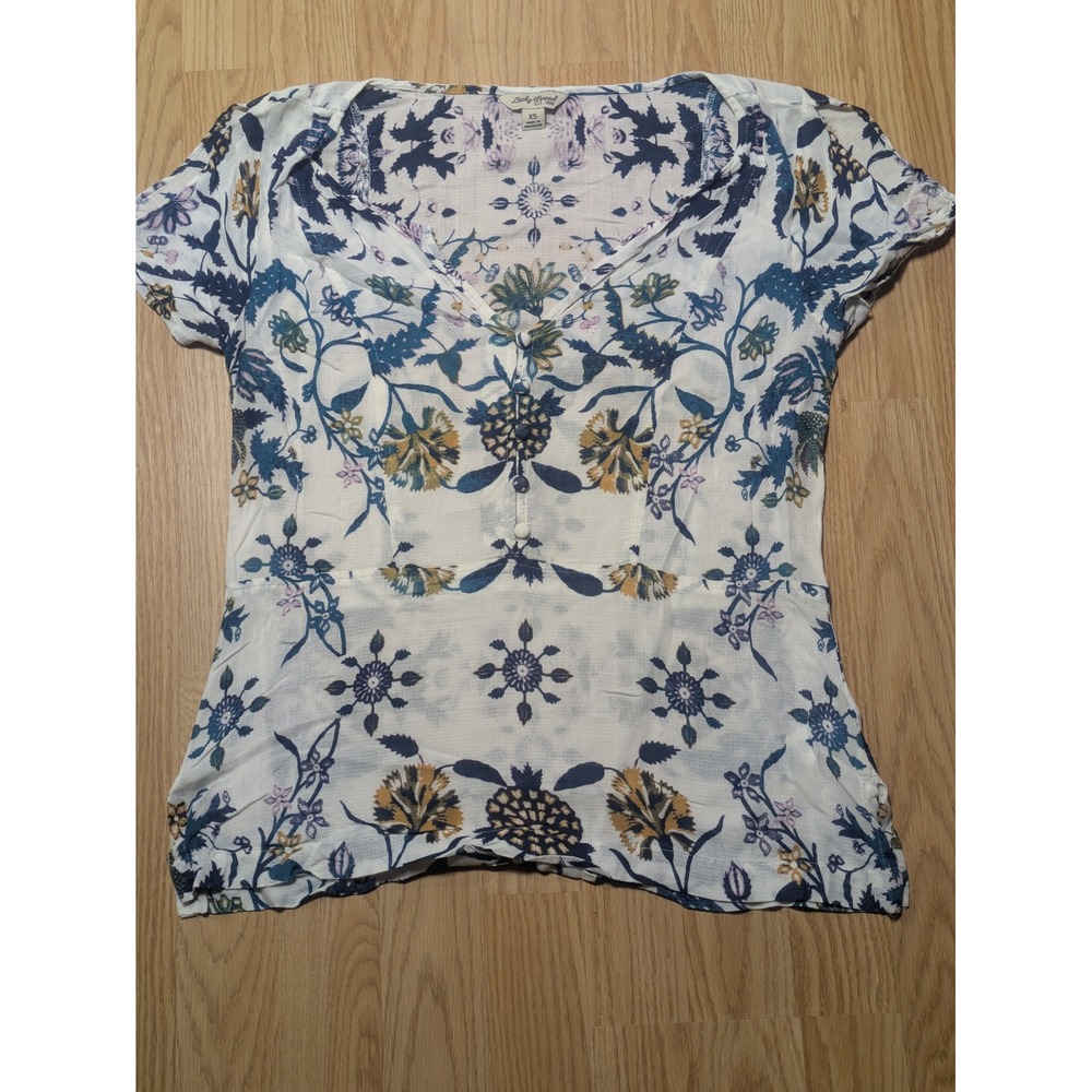 Lucky Brand Womens Floral Boho V-Neck Short Sleeve Blouse Ivory Blue XS